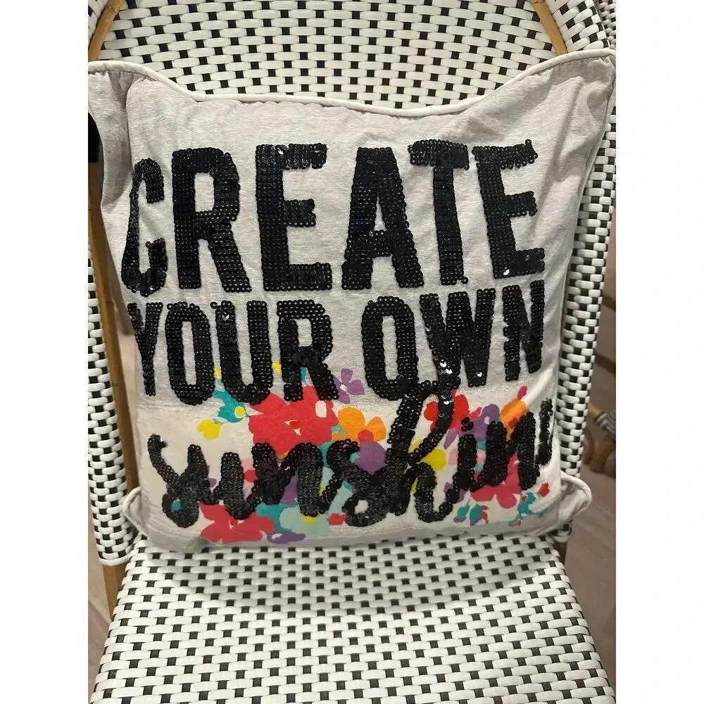 Create Your Own Sunshine Decorative Pillow - Black Sequin Text on Cream